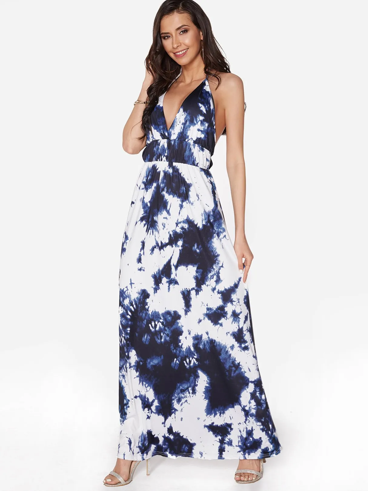 Wholesale Halter Deep V Neck Sleeveless Floral Print Backless Lace-Up Maxi Dresses