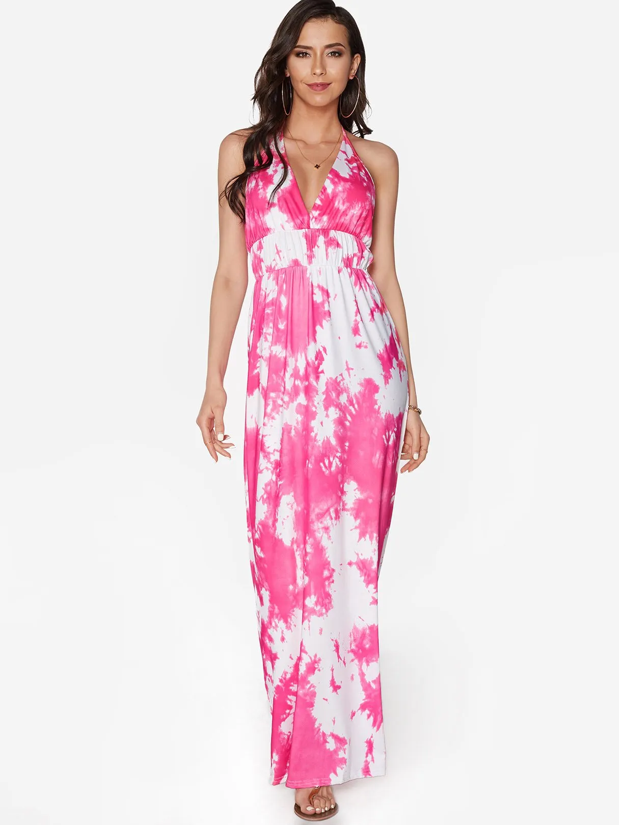 Wholesale Halter Deep V Neck Sleeveless Floral Print Backless Lace-Up Maxi Dresses