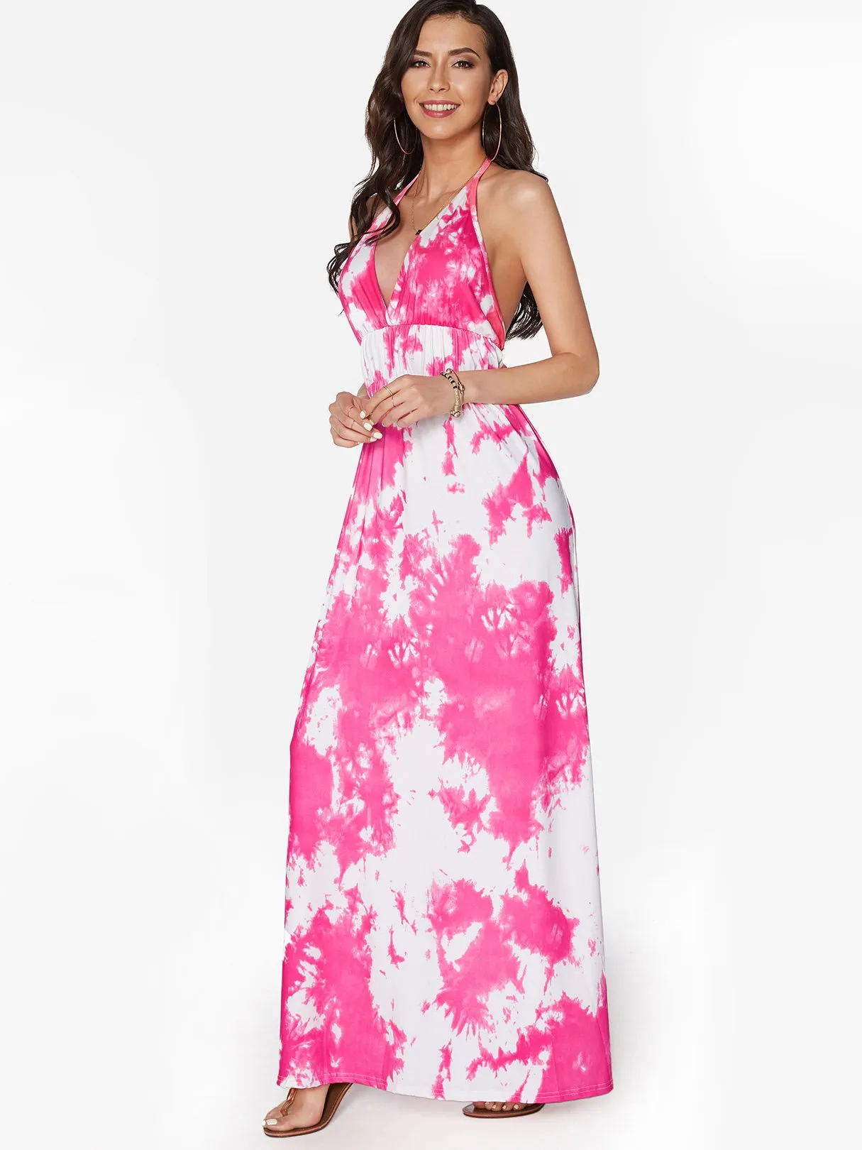 Wholesale Halter Deep V Neck Sleeveless Floral Print Backless Lace-Up Maxi Dresses