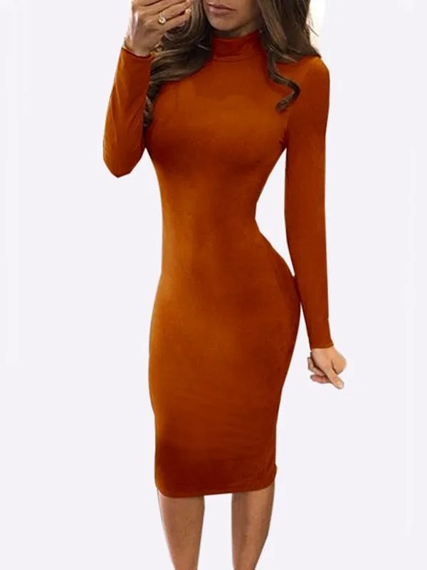 Wholesale High Neck Long Sleeve Plain Backless Midi Dress