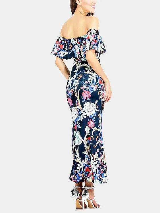 Wholesale Navy Tiered Backless Off The Shoulder Sleeveless Maxi Dress