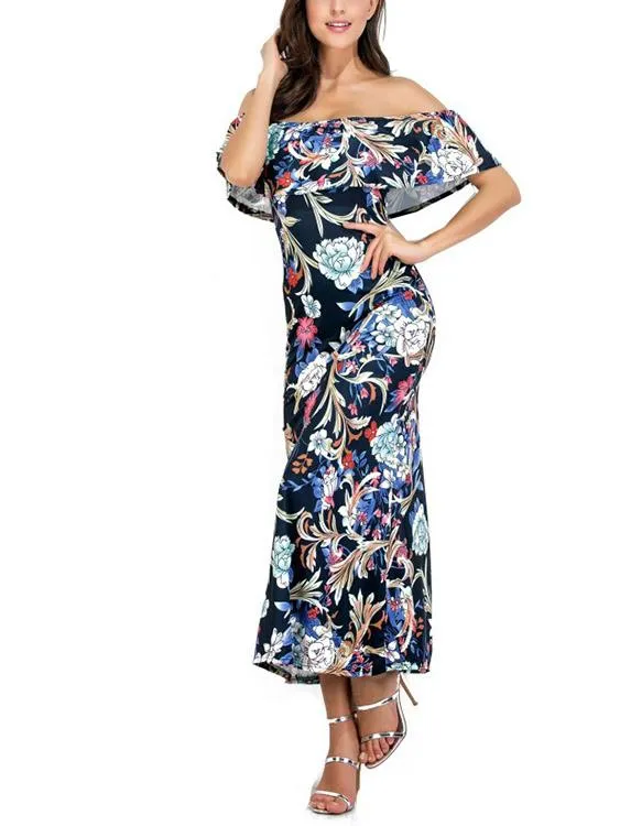 Wholesale Navy Tiered Backless Off The Shoulder Sleeveless Maxi Dress