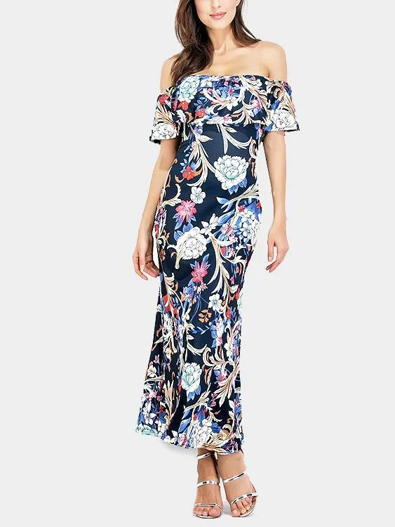 Wholesale Navy Tiered Backless Off The Shoulder Sleeveless Maxi Dress