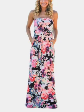 Wholesale Off The Shoulder Sleeveless Floral Print Two Large Pockets Maxi Dress