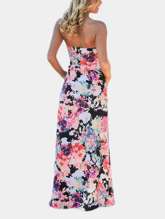 Wholesale Off The Shoulder Sleeveless Floral Print Two Large Pockets Maxi Dress