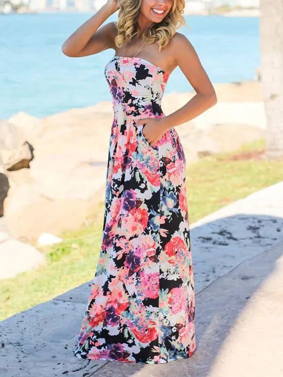 Wholesale Off The Shoulder Sleeveless Floral Print Two Large Pockets Maxi Dress