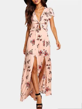 Wholesale Pink Deep V Neck Short Sleeve Floral Print Cut Out Slit Hem Maxi Dress