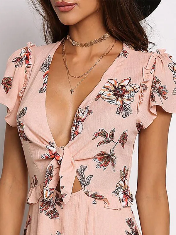 Wholesale Pink Deep V Neck Short Sleeve Floral Print Cut Out Slit Hem Maxi Dress