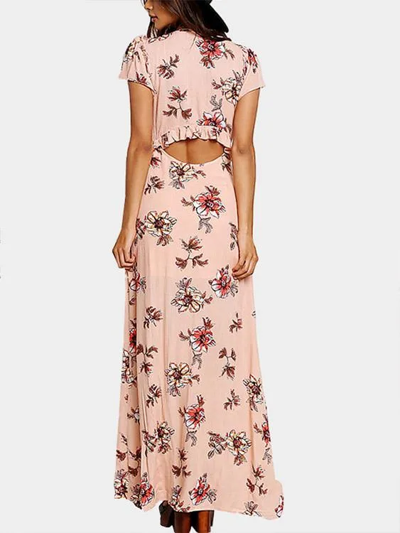 Wholesale Pink Deep V Neck Short Sleeve Floral Print Cut Out Slit Hem Maxi Dress