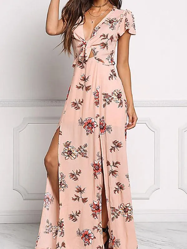 Wholesale Pink Deep V Neck Short Sleeve Floral Print Cut Out Slit Hem Maxi Dress