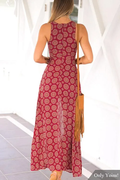 Wholesale Red V-Neck Sleeveless Geometrical Cut Out Slit Hem Maxi Dress