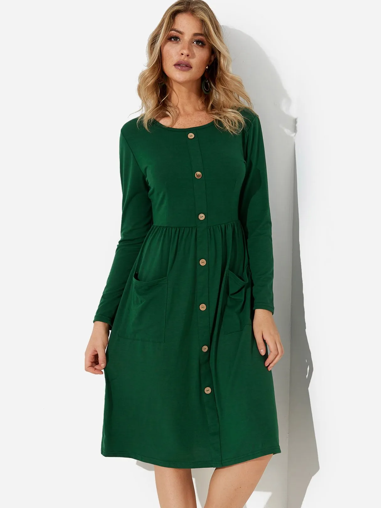 Wholesale Round Neck Long Sleeve Side Pockets Midi Dress