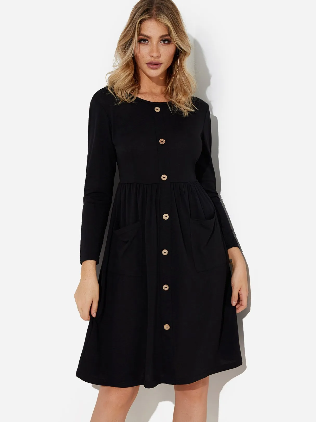 Wholesale Round Neck Long Sleeve Side Pockets Midi Dress