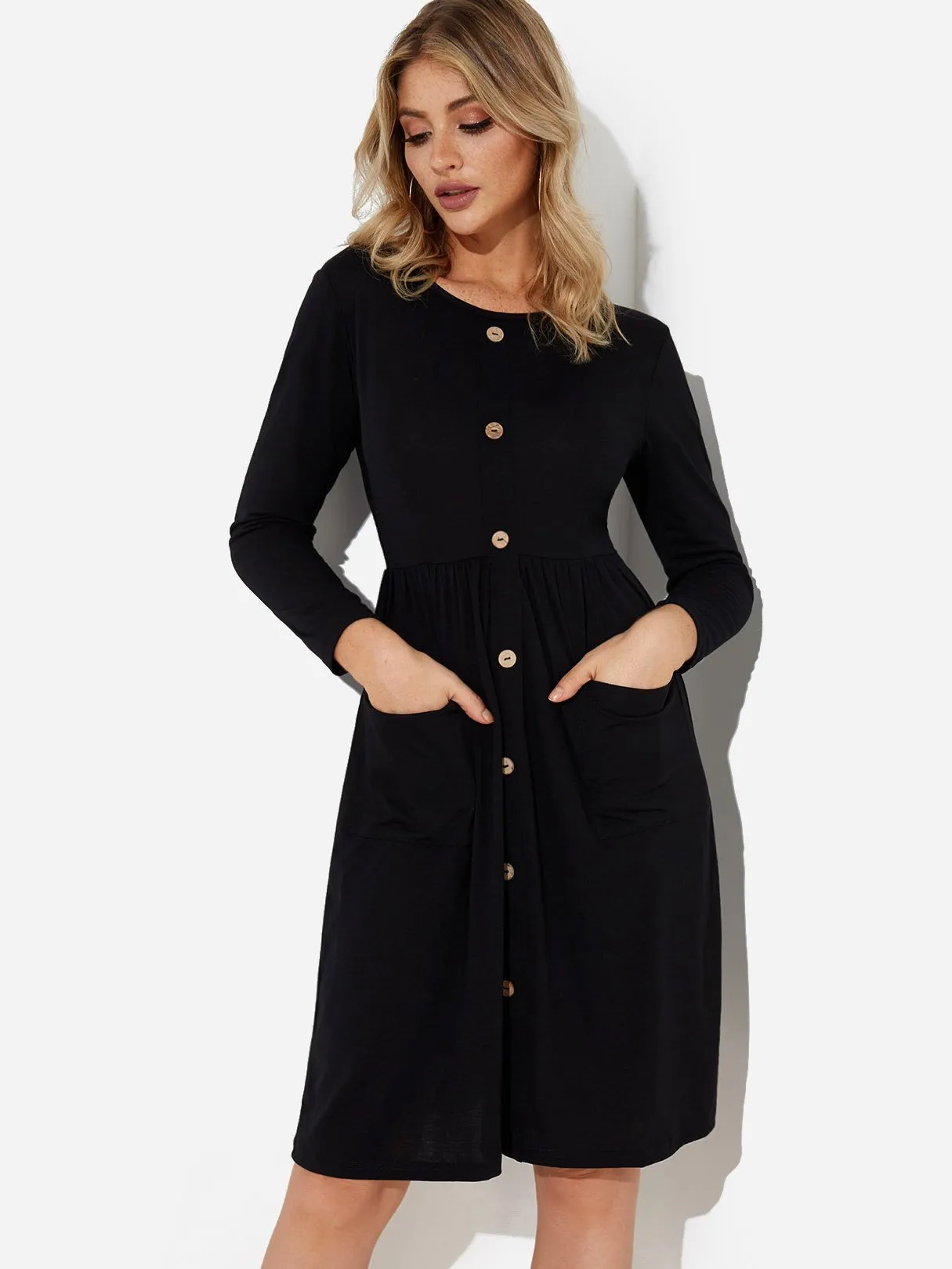 Wholesale Round Neck Long Sleeve Side Pockets Midi Dress