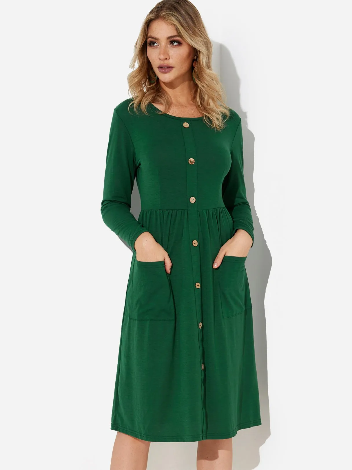 Wholesale Round Neck Long Sleeve Side Pockets Midi Dress