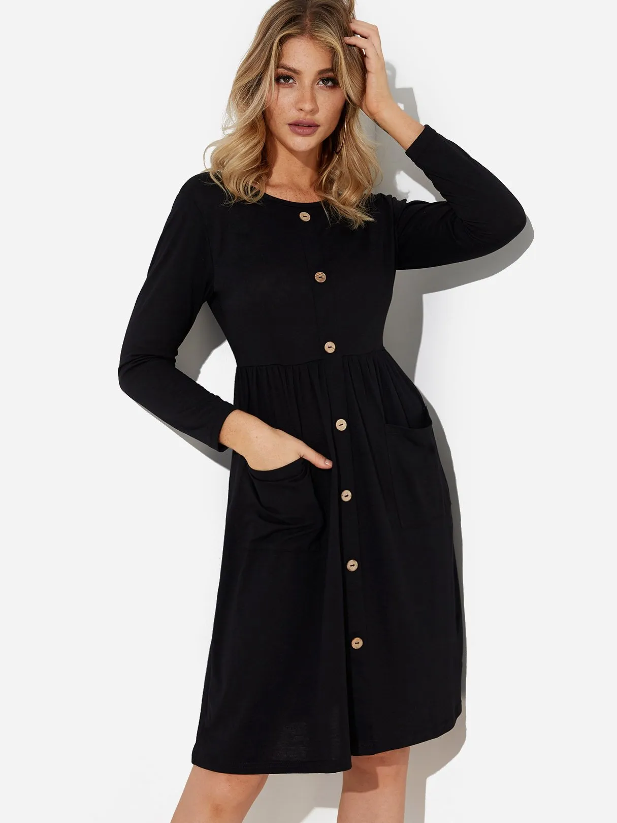 Wholesale Round Neck Long Sleeve Side Pockets Midi Dress