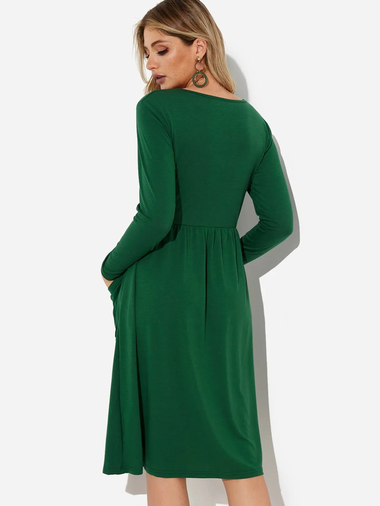 Wholesale Round Neck Long Sleeve Side Pockets Midi Dress