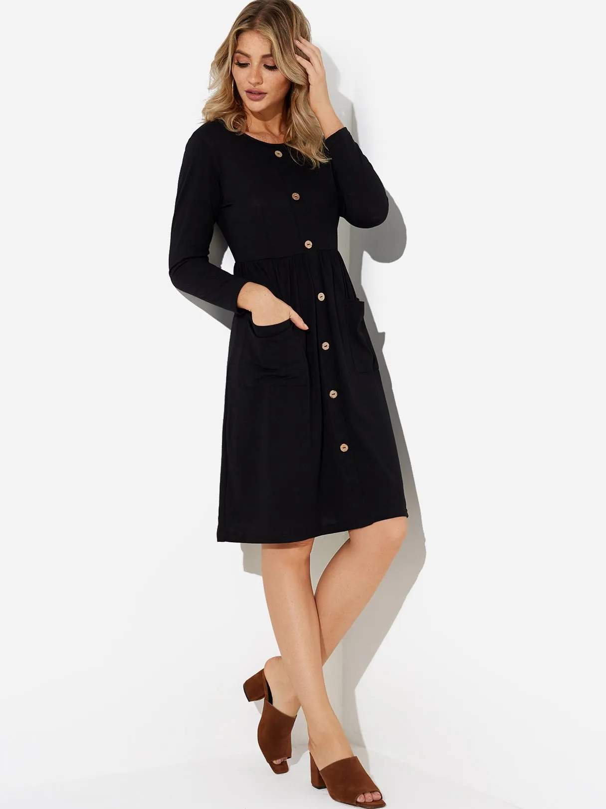 Wholesale Round Neck Long Sleeve Side Pockets Midi Dress