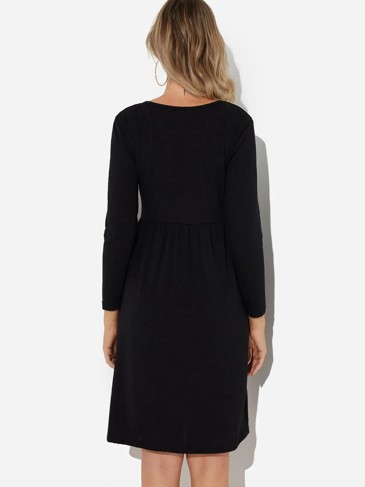 Wholesale Round Neck Long Sleeve Side Pockets Midi Dress