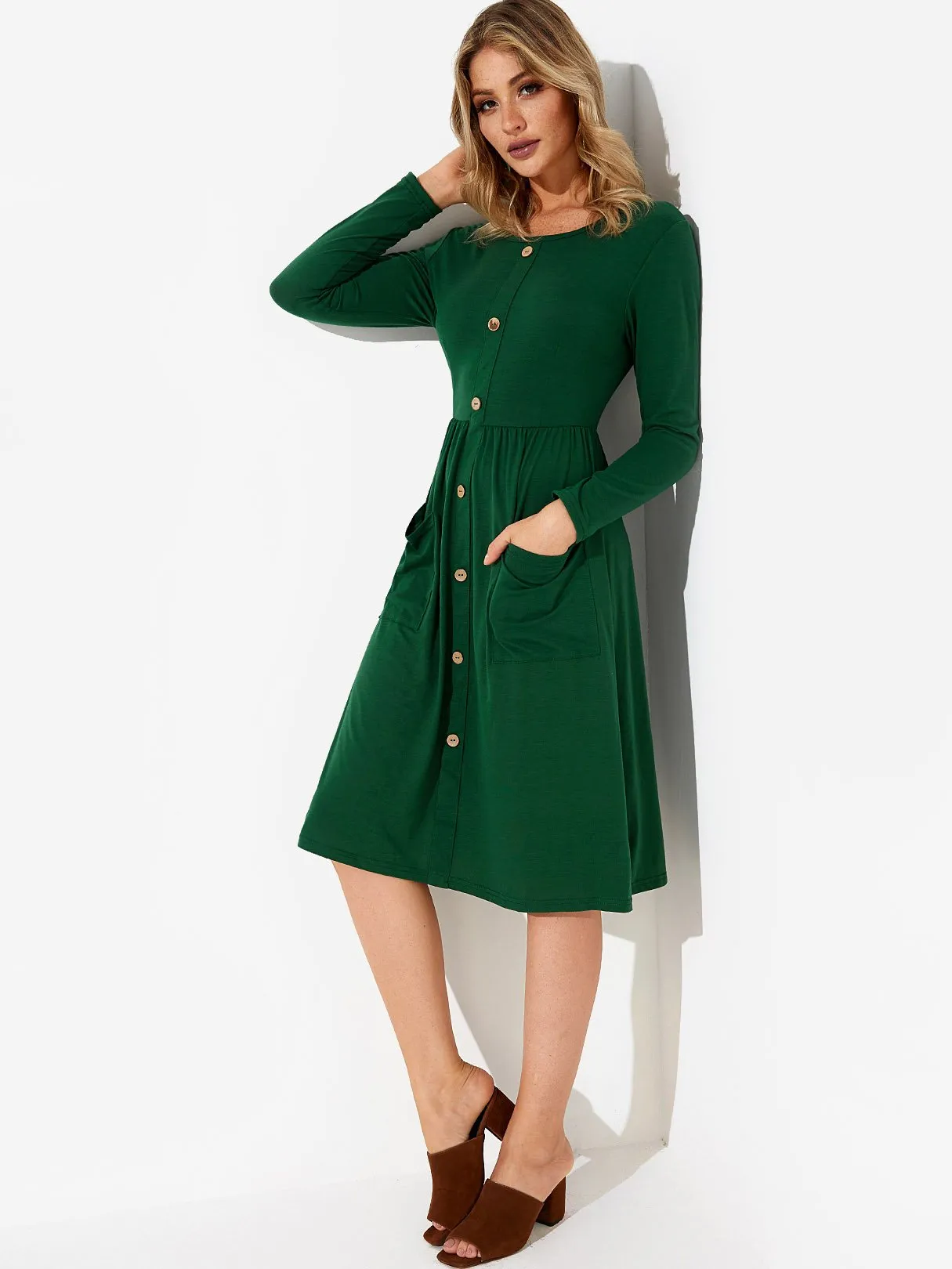 Wholesale Round Neck Long Sleeve Side Pockets Midi Dress