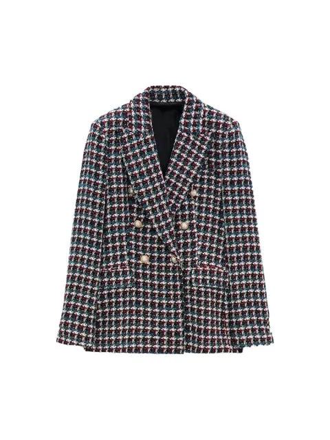 Wjczt Women jacket 2022 New Fashion Double Breasted Tweed Check Blazer Coat Vintage Long Sleeve Pockets Female Outerwear Chic