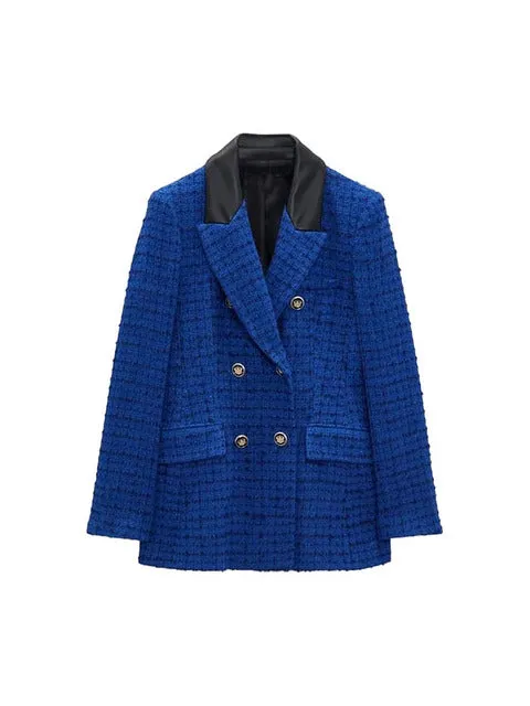 Wjczt Women jacket 2022 New Fashion Double Breasted Tweed Check Blazer Coat Vintage Long Sleeve Pockets Female Outerwear Chic