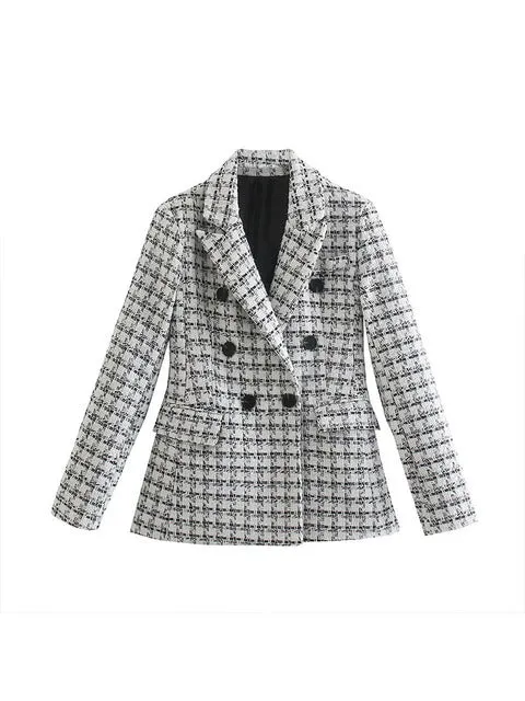 Wjczt Women jacket 2022 New Fashion Double Breasted Tweed Check Blazer Coat Vintage Long Sleeve Pockets Female Outerwear Chic