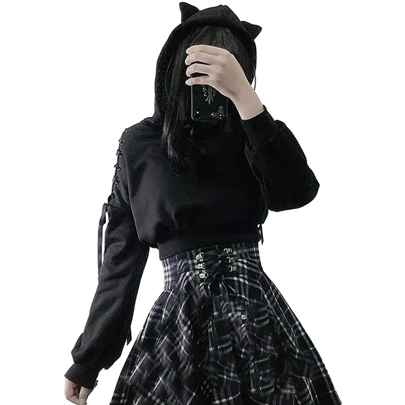 Y2K Women Long Sleeve Hoodies Kawaii Cat Ears Hoodie Gothic Punk Harajuku Style Cold Shouler Drawstring Tops Black Sweatshirts