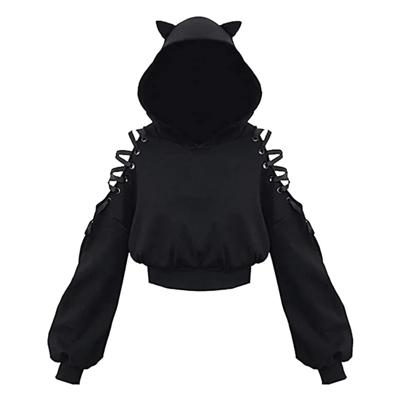 Y2K Women Long Sleeve Hoodies Kawaii Cat Ears Hoodie Gothic Punk Harajuku Style Cold Shouler Drawstring Tops Black Sweatshirts