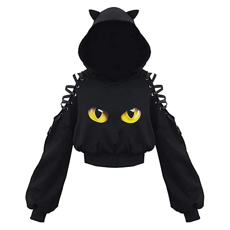 Y2K Women Long Sleeve Hoodies Kawaii Cat Ears Hoodie Gothic Punk Harajuku Style Cold Shouler Drawstring Tops Black Sweatshirts