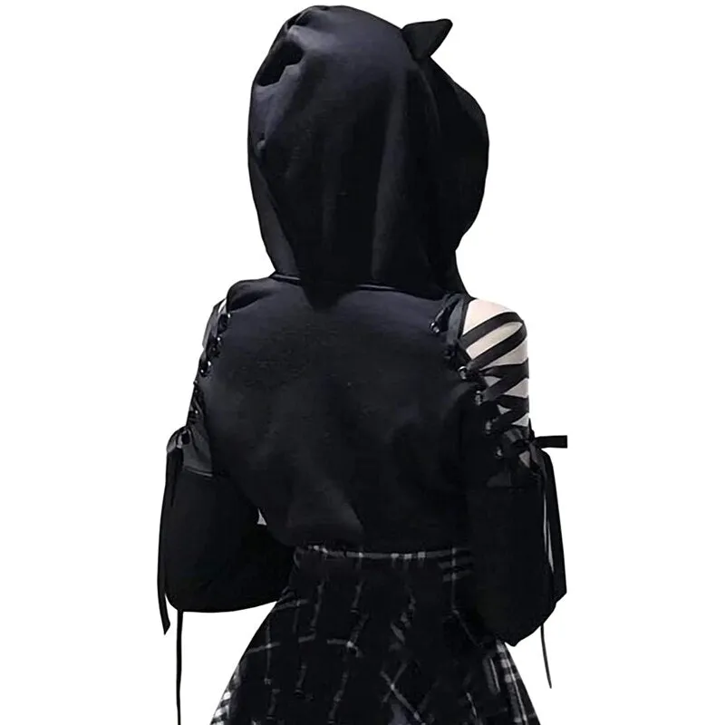 Y2K Women Long Sleeve Hoodies Kawaii Cat Ears Hoodie Gothic Punk Harajuku Style Cold Shouler Drawstring Tops Black Sweatshirts