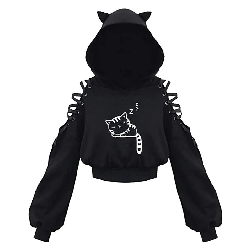 Y2K Women Long Sleeve Hoodies Kawaii Cat Ears Hoodie Gothic Punk Harajuku Style Cold Shouler Drawstring Tops Black Sweatshirts