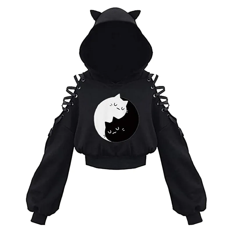 Y2K Women Long Sleeve Hoodies Kawaii Cat Ears Hoodie Gothic Punk Harajuku Style Cold Shouler Drawstring Tops Black Sweatshirts