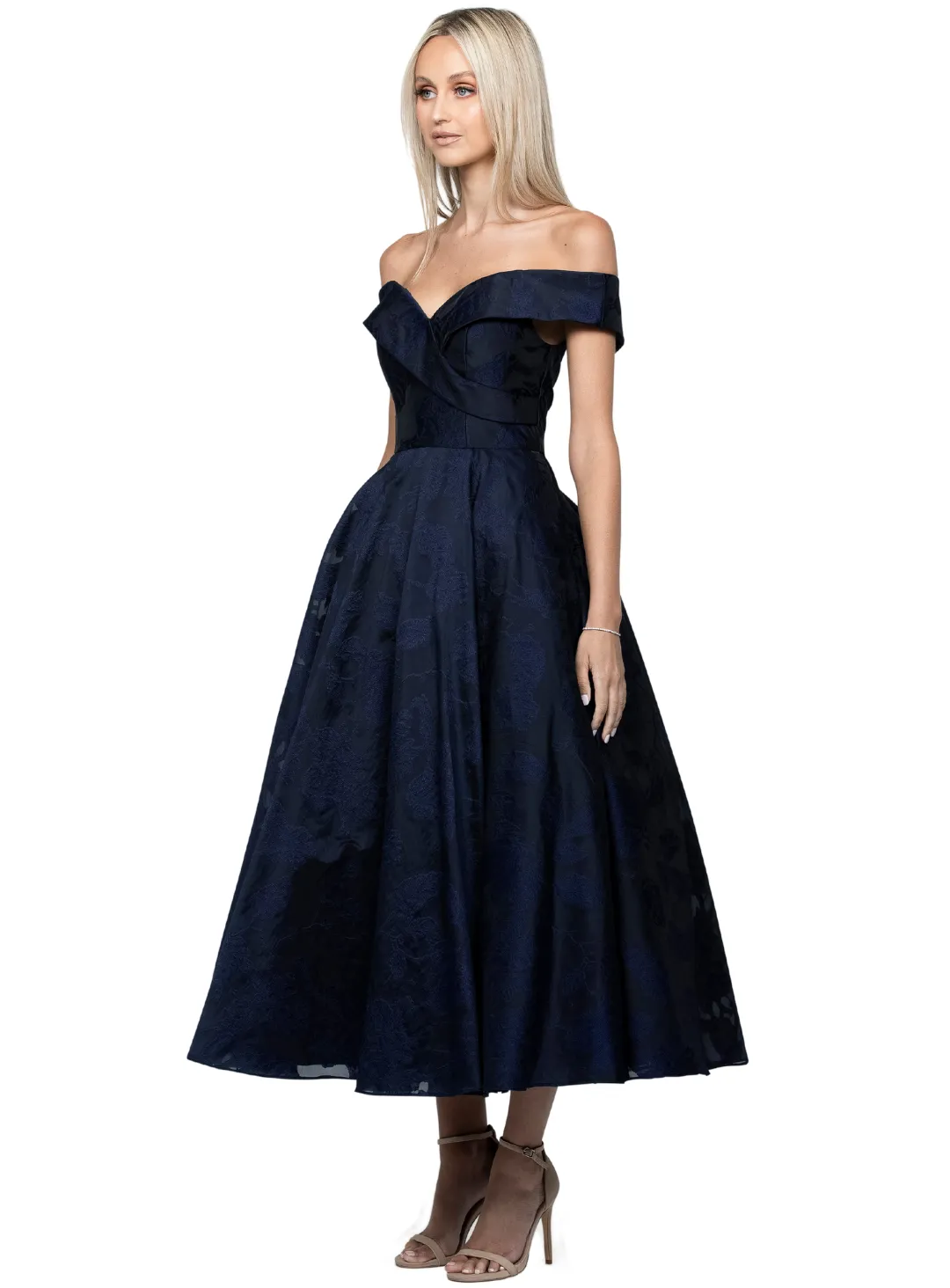 Yari Off Shoulder A Line Midi - Navy - Size 18