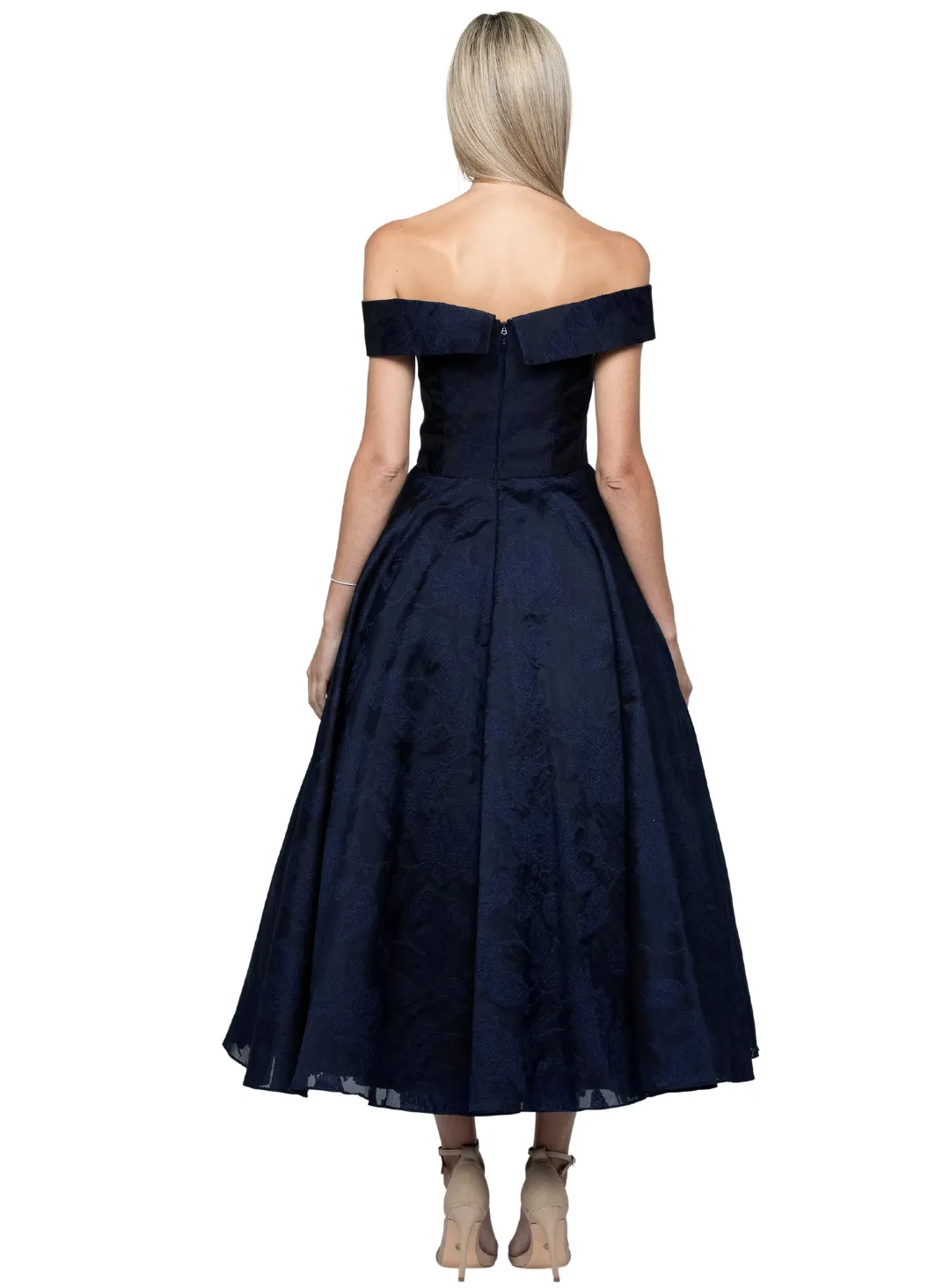 Yari Off Shoulder A Line Midi - Navy - Size 18